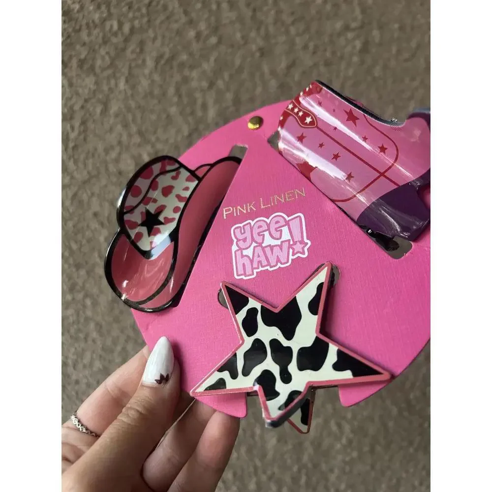 Pink Linen Yeehaw Hair Clip Set NWT Cowgirl Western Boot Star Hat Cute Cowprint